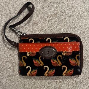 Fossil Key-Per Patent Leather Cowhide Trim Colorful Swan Wristlet Wallet Pouch